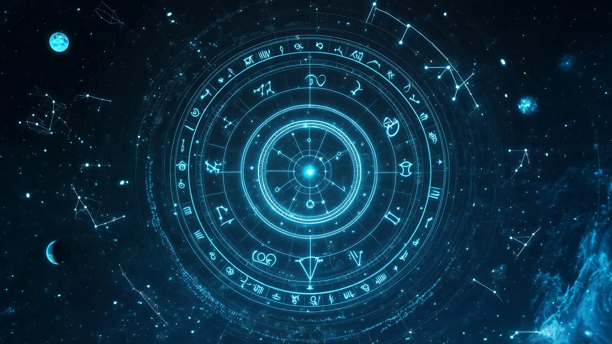 saturn return in aries: night sky with planets and zodiac wheel illustration