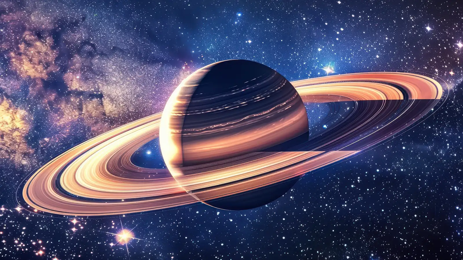 when does saturn return end: Saturn with glowing rings crossing a starry zodiac wheel